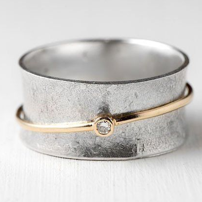 Bague de Zircon en Argent Vintage avec Ligne Dorée