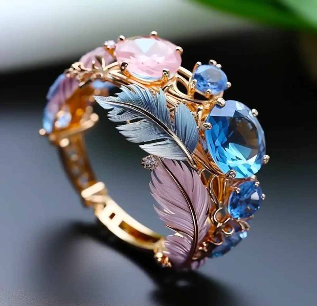 Bague Vintage à Plumes Exotiques en Cristal