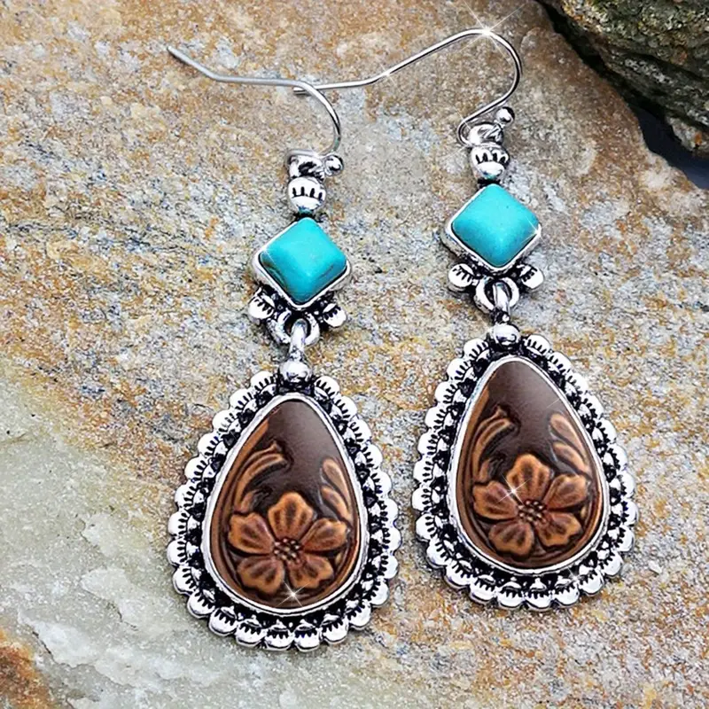 Boucles d'oreilles fleur bleue pendante en pierre plaquées argent