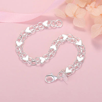 Bracelet d'Argent 925 en Forme de Chaîne et Cœurs