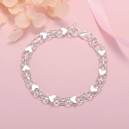 Bracelet d'Argent 925 en Forme de Chaîne et Cœurs