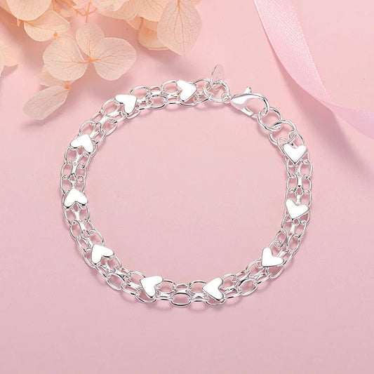 Bracelet d'Argent 925 en Forme de Chaîne et Cœurs