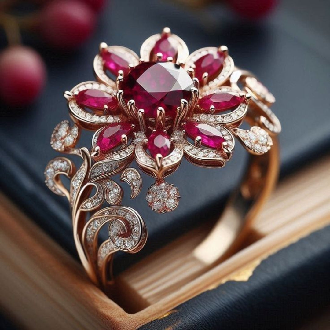 Bague fleur rouge exotique dorée