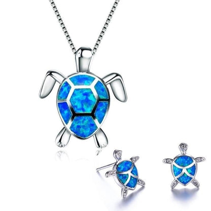 Ensemble Collier + Boucles d'Oreilles de Tortue Marine en Opale et Argent