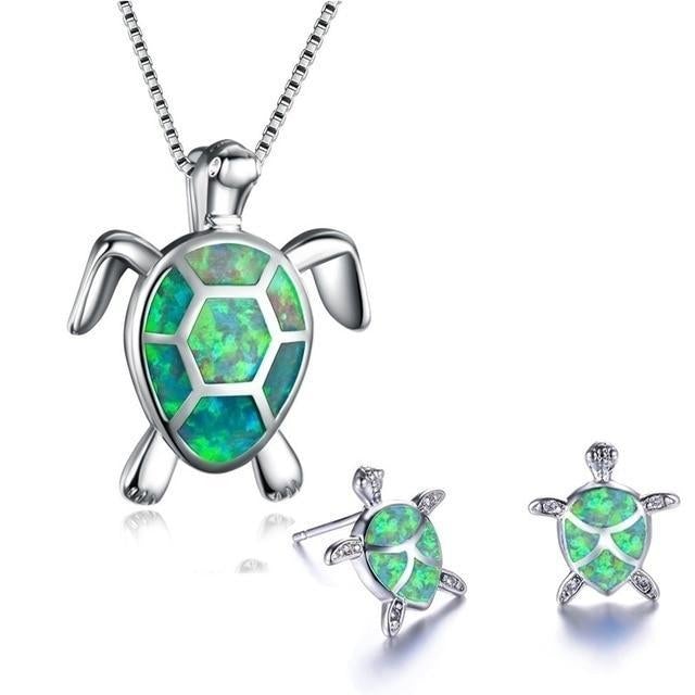 Ensemble Collier + Boucles d'Oreilles de Tortue Marine en Opale et Argent