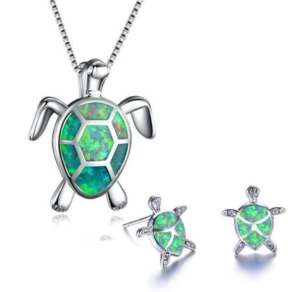 Ensemble Collier + Boucles d'Oreilles de Tortue Marine en Opale et Argent