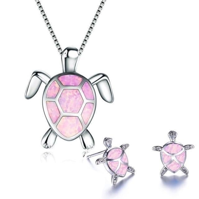 Ensemble Collier + Boucles d'Oreilles de Tortue Marine en Opale et Argent