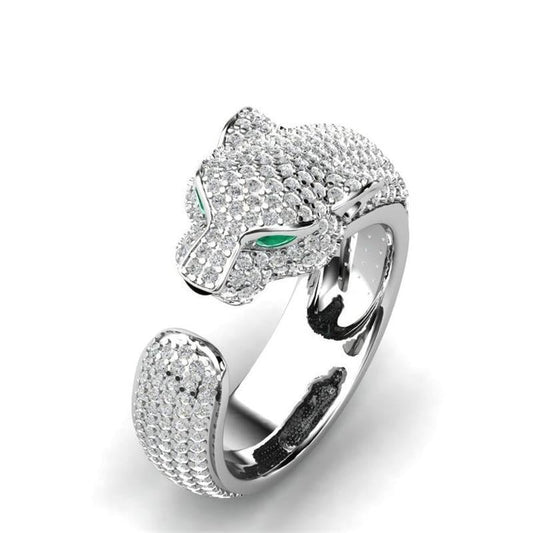 Bague Jaguar Ajustable en Argent et Or Rose de 18K avec Yeux en Zircon Vert